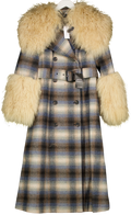 Karen Millen Wool & Cream Shearling Check Tailored Double Breasted Belted Midi Coat UK 6