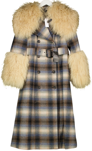 Karen Millen Wool & Cream Shearling Check Tailored Double Breasted Belted Midi Coat UK 6