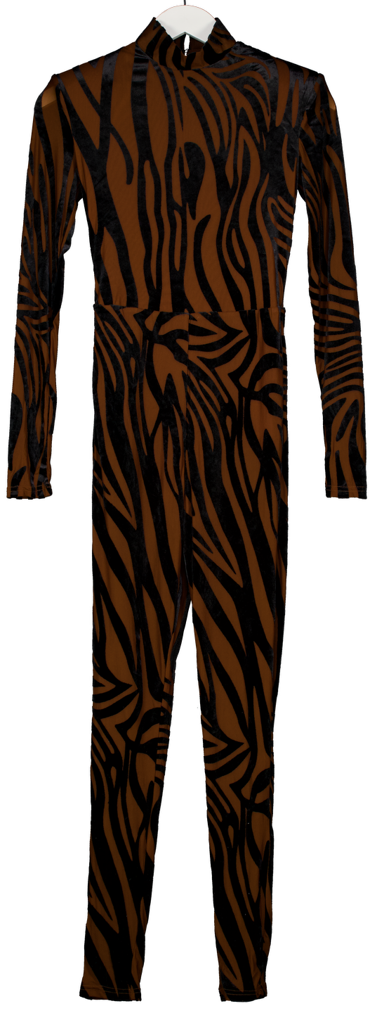 Karen Millen Brown Animal Stretch Velvet Devore High Neck Catsuit UK S