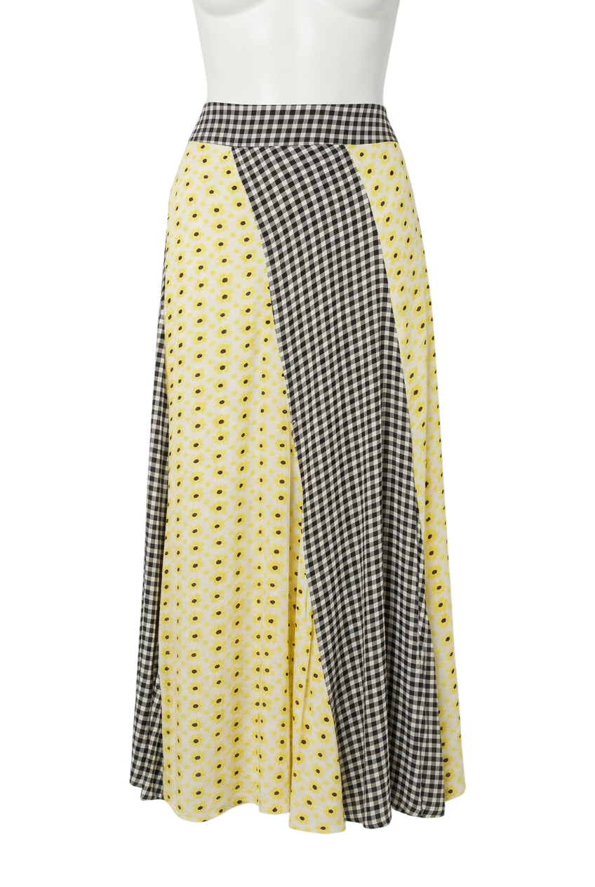 Ganni Yellow paneled printed crepe midi skirt UK S