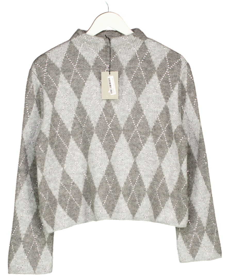 River Island Grey Knitted Argyle Print Diamante Jumper UK XS