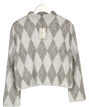 River Island Grey Knitted Argyle Print Diamante Jumper UK XS