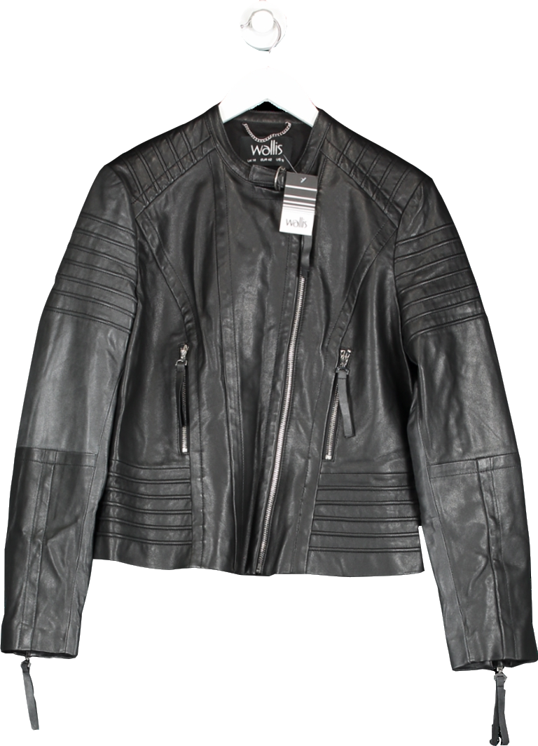 Wallis Black Round Neck Real Leather Biker Jacket UK 14