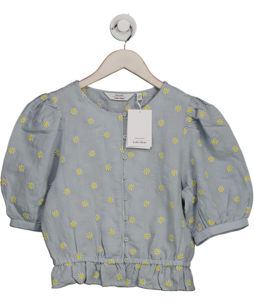 & Other Stories Blue Daisy Embroidered Cotton / Linen Blend Puff Sleeve Blouse UK 6
