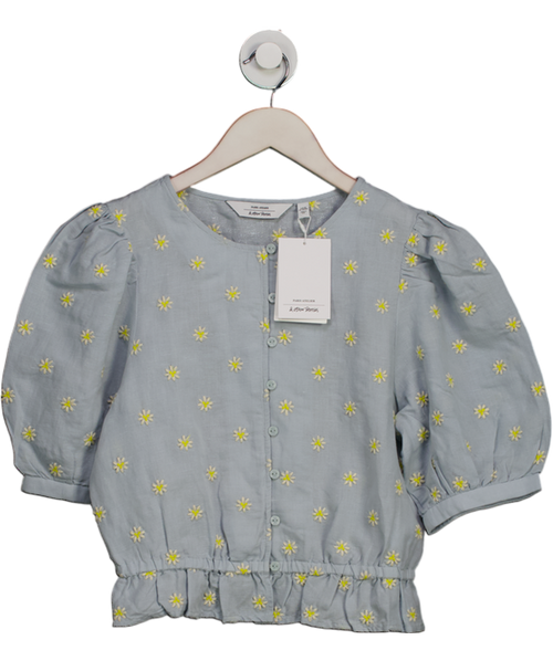 & Other Stories Blue Daisy Embroidered Cotton / Linen Blend Puff Sleeve Blouse UK 6