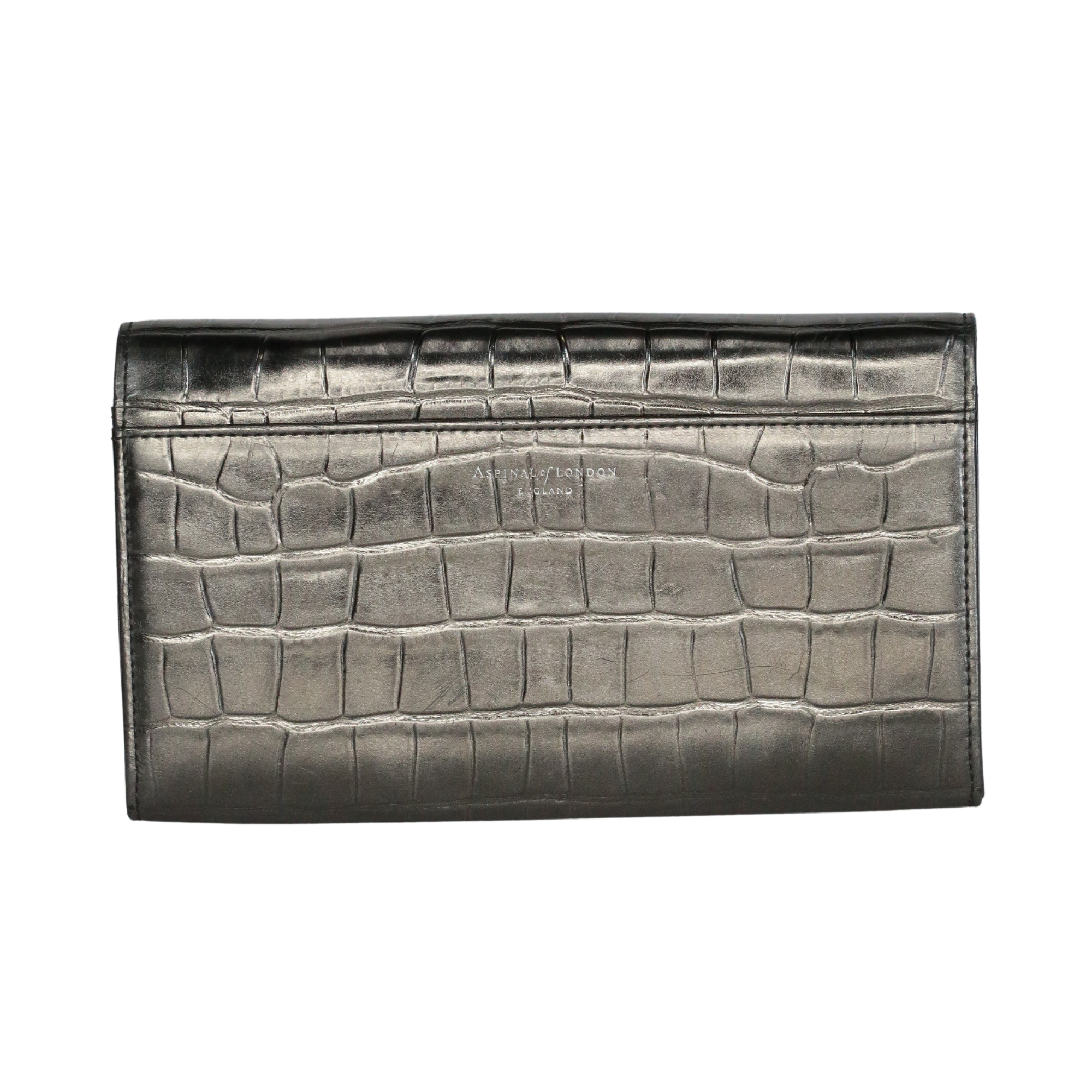 Aspinal Of London Metallic Gunmetal Croc Embossed Leather Clutch Bag