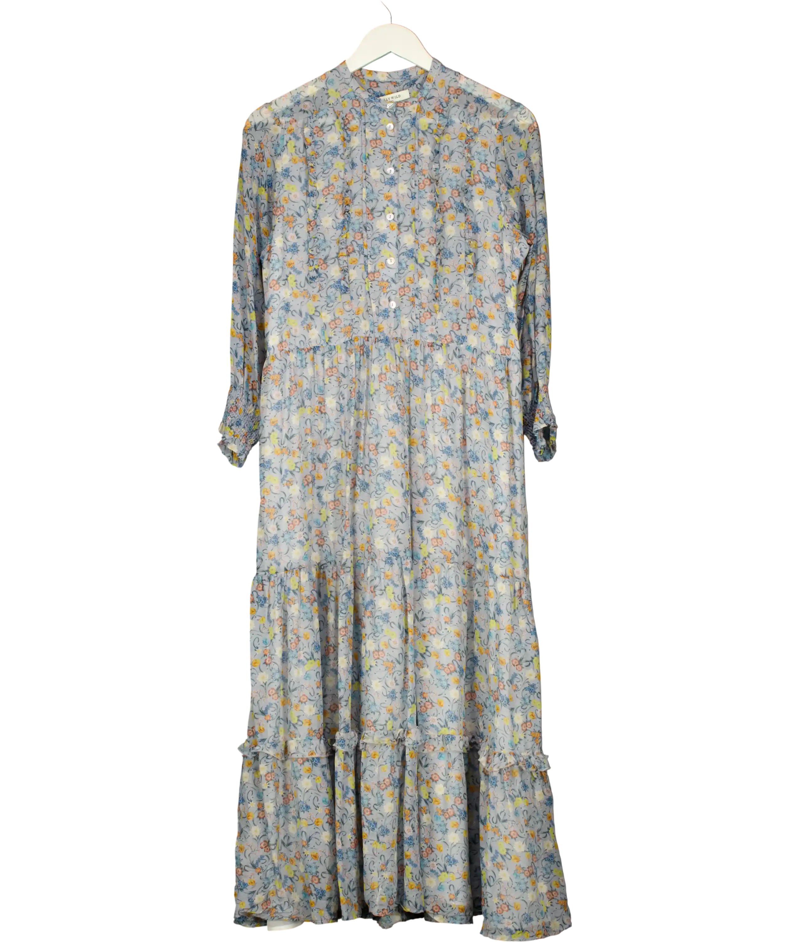 REALLY WILD LONDON Blue Floral Ruffle Silk Midi Dress UK 10