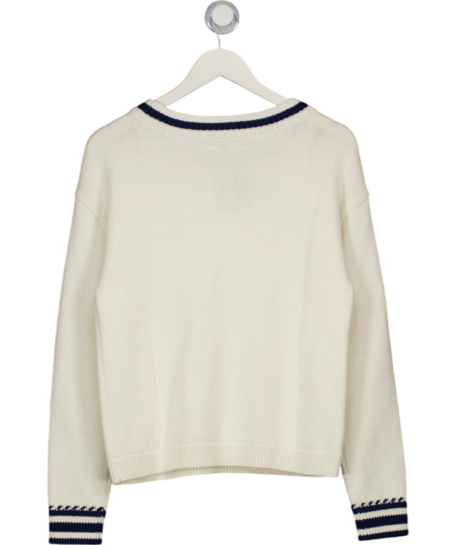 TALBOTS Ivory / Navy Blue Patch Pocket Cotton Knit Jumper UK S