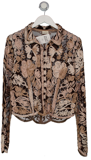 Phase Eight Brown Ribbon Tapework Appliqué Mesh Blouse UK S/M