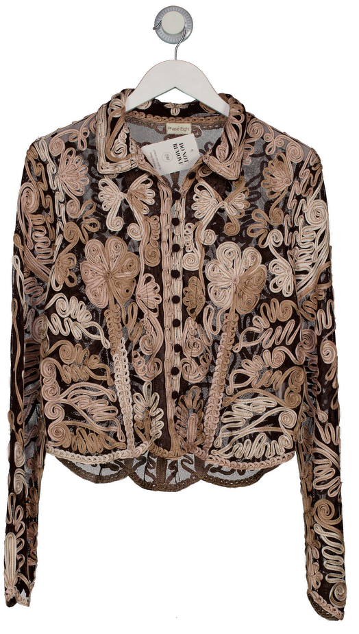 Phase Eight Brown Ribbon Tapework Appliqué Mesh Blouse UK S/M