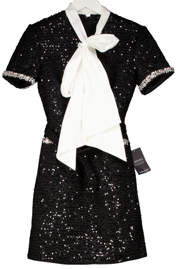 Karen Millen Black Tailored Sequin Tweed Tie Bow Neck Embellished Mini Dress (bow Is Removable) UK 6