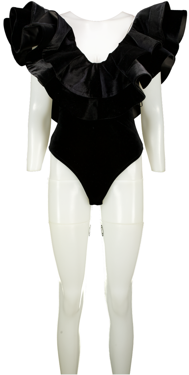 Karen Millen Black Ruffle Velvet V Neck Sleeveless Bodysuit UK XS