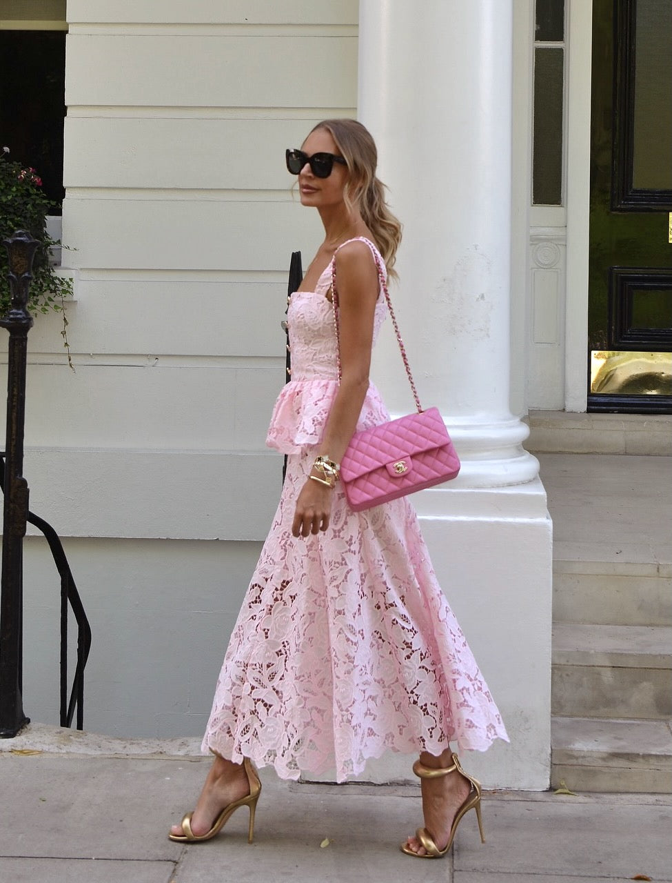 SELF PORTRAIT Pink Lace Peplum Midi Dress Us8 UK 12