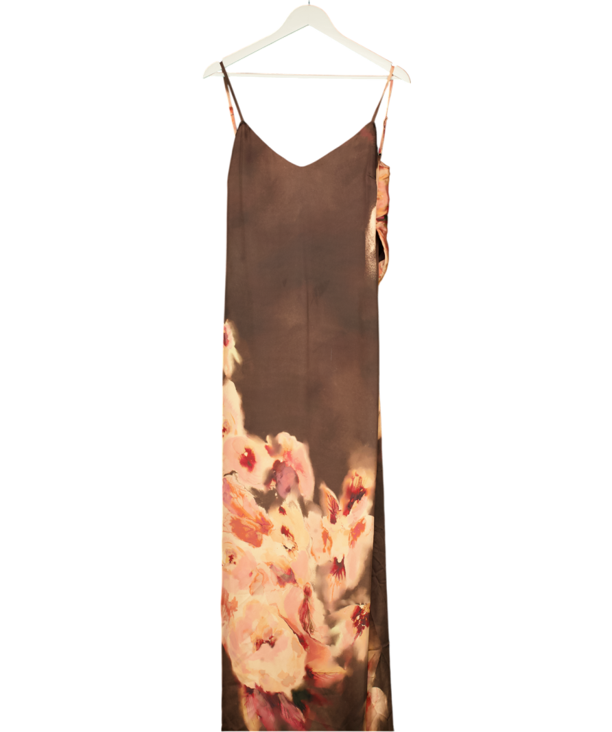 House of CB Mariamma Dark Brown Floral Printed Satin Maxi Dress UK M