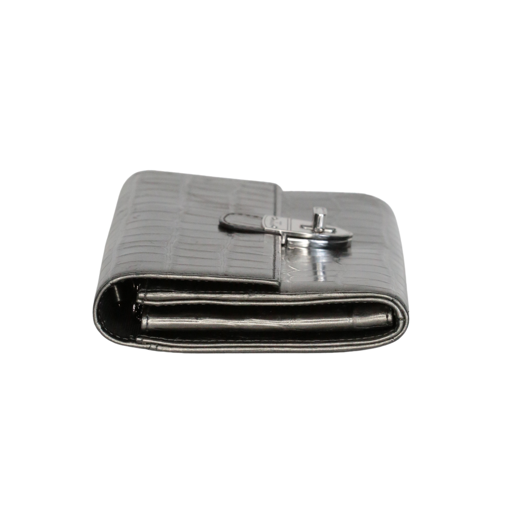 Aspinal Of London Metallic Gunmetal Croc Embossed Leather Clutch Bag