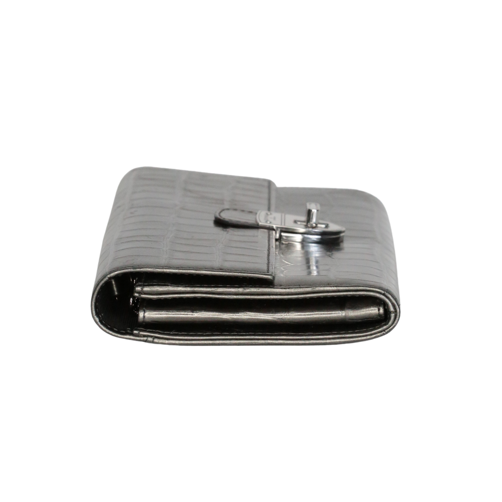 Aspinal Of London Metallic Gunmetal Croc Embossed Leather Clutch Bag