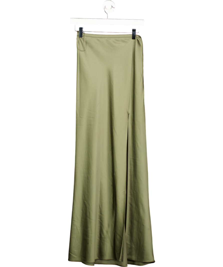 MANGO Khaki Green Side Slit Satin Skirt UK 6