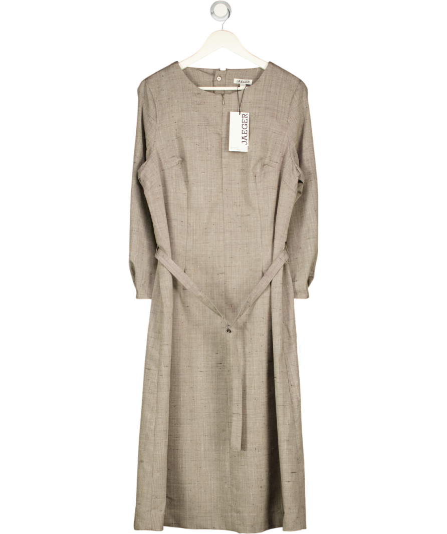 JAEGER Beige Wool Rich Flannel Belted Midi Dress UK 16
