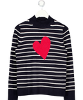 TALBOTS Navy Blue Cotton Blend Mockneck Pullover - Stripe Intarsia Heart UK S
