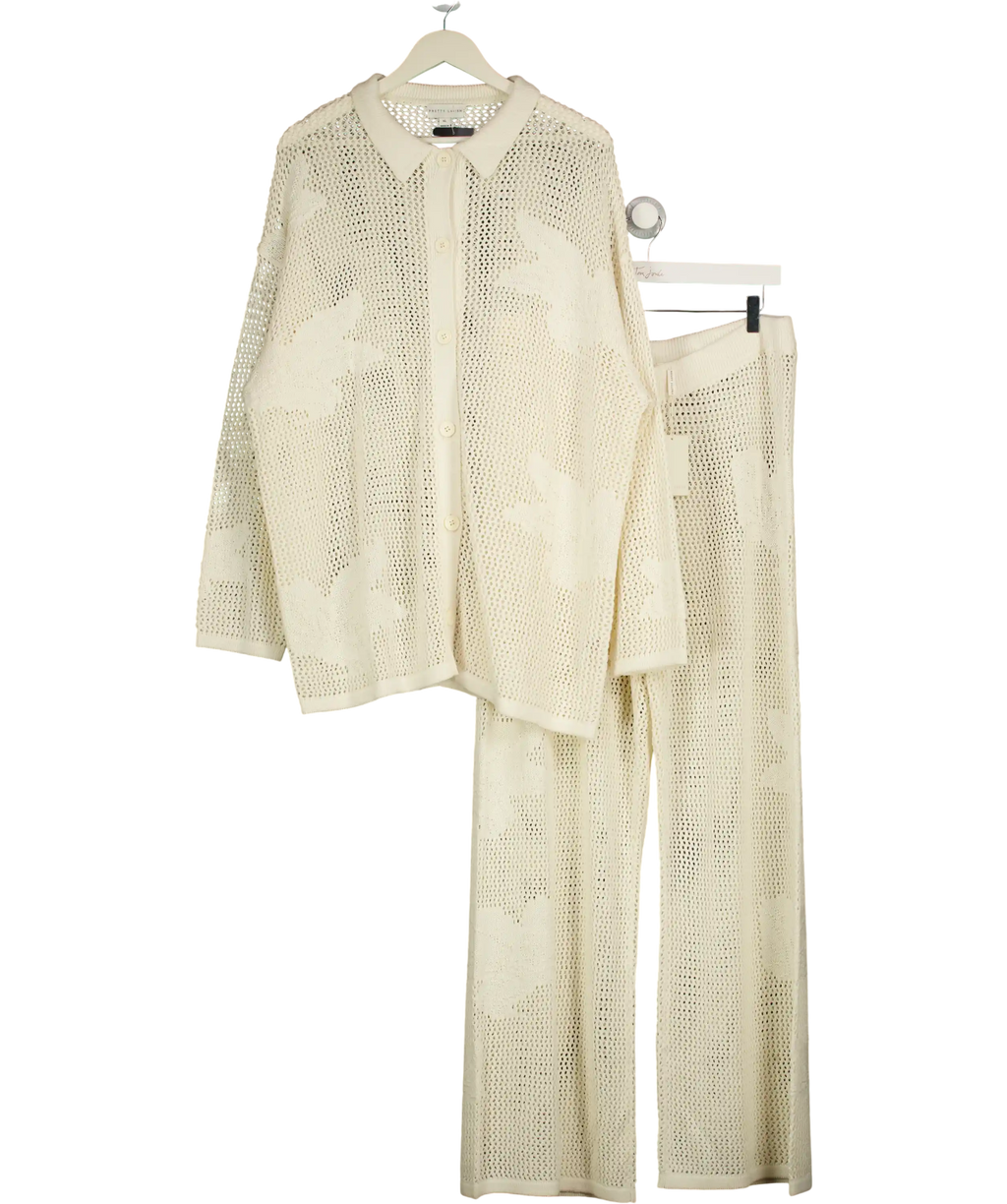 PRETTY LAVISH Cream Open Knit Floral Oversized Shirt & Trousers Co-ord UK XL