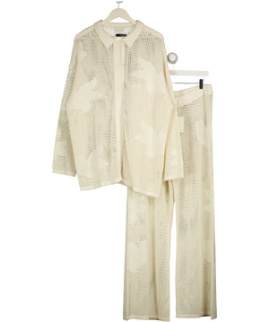 PRETTY LAVISH Cream Open Knit Floral Oversized Shirt & Trousers Co-ord UK XL