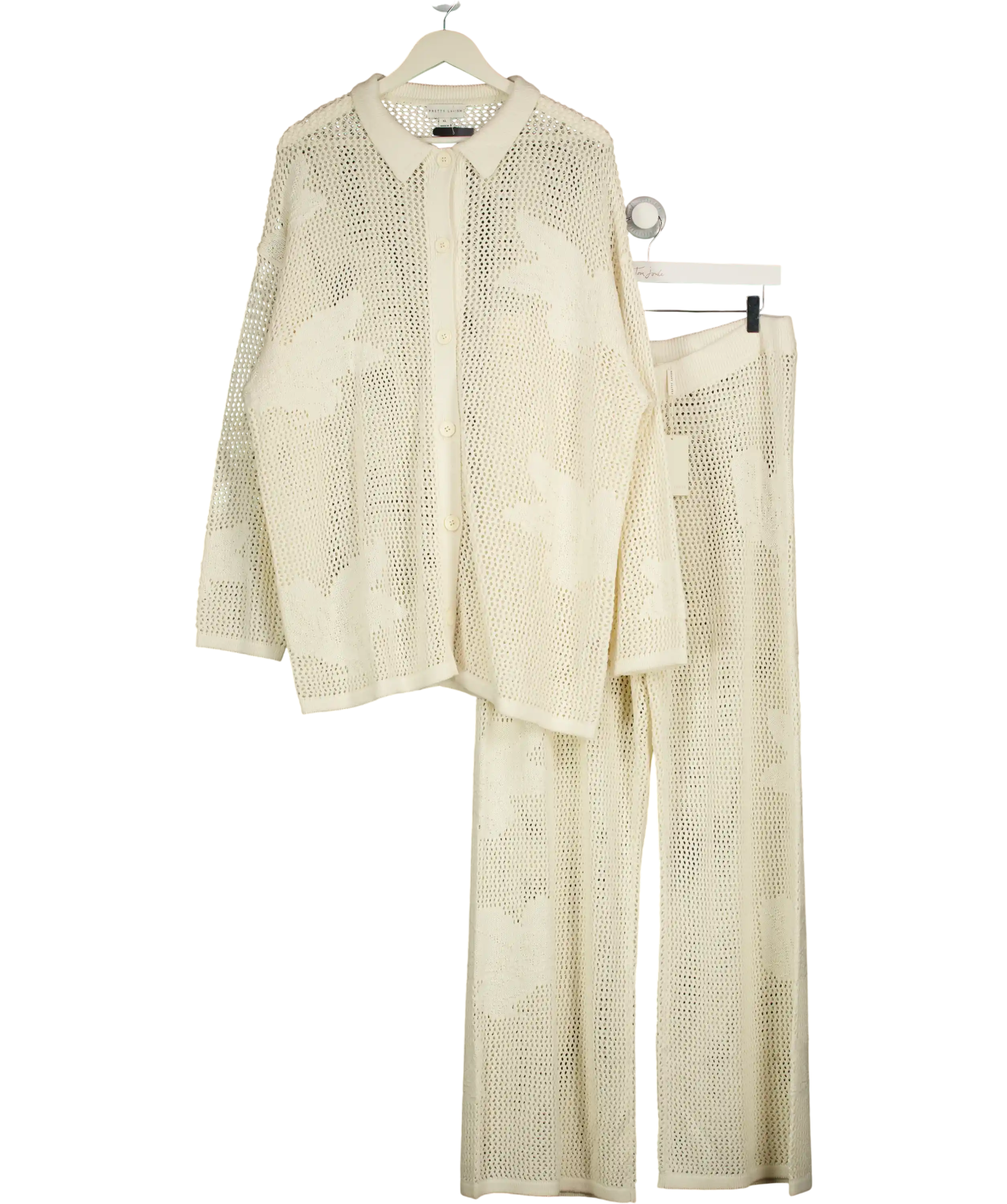 PRETTY LAVISH Cream Open Knit Floral Oversized Shirt & Trousers Co-ord UK XL