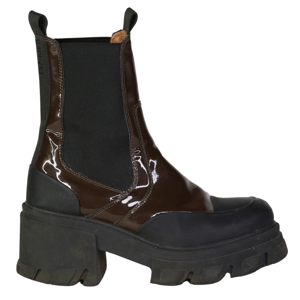 Ganni Brown Patent Chunky Heel Chelsea Boot UK 4 EU 37 👠