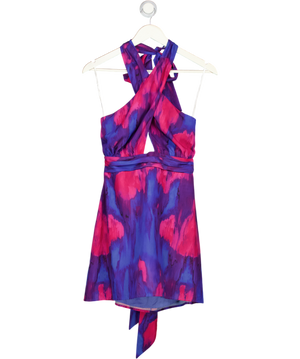 MAJORELLE Blue & Pink Satin Print Cross Front Halter Mini Dress UK S