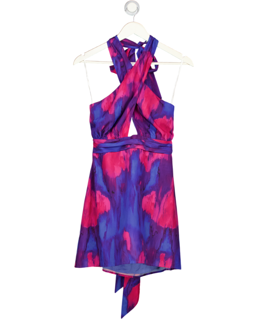 MAJORELLE Blue & Pink Satin Print Cross Front Halter Mini Dress UK S