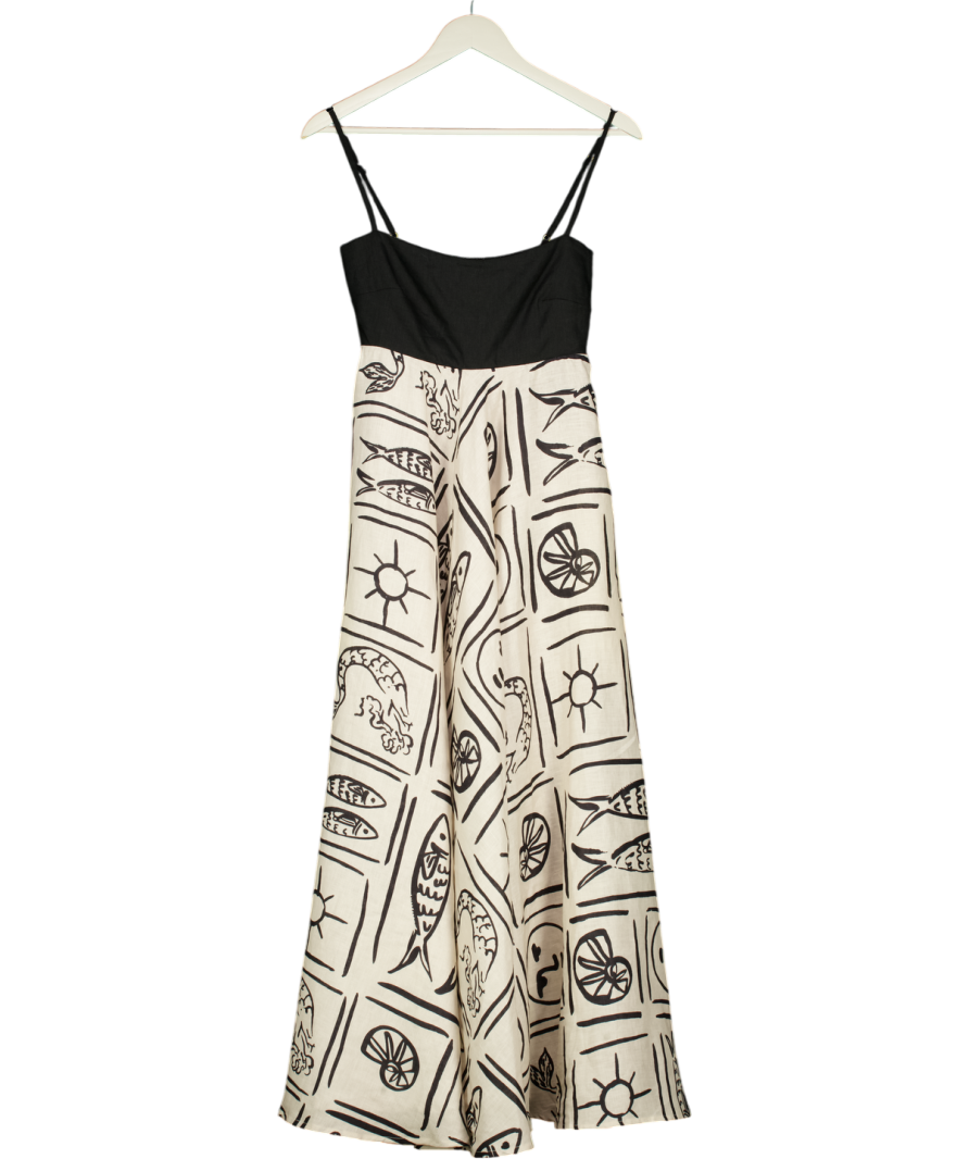 Chic Le Frique Black & Ivory. Printed Linen Blend Midi Dress UK S