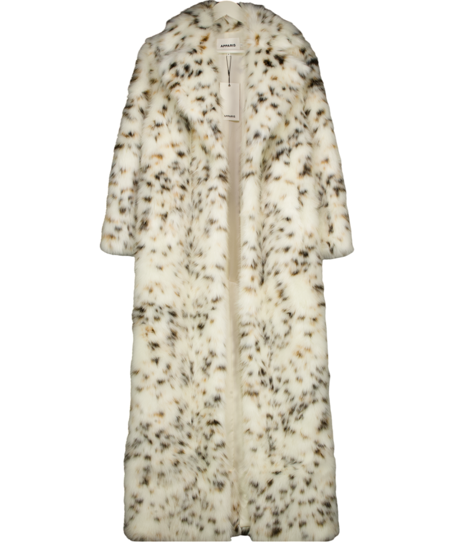 Apparis White Gabrielle Snow Leopard Faux Fur Spotted Maxi Coat UK S