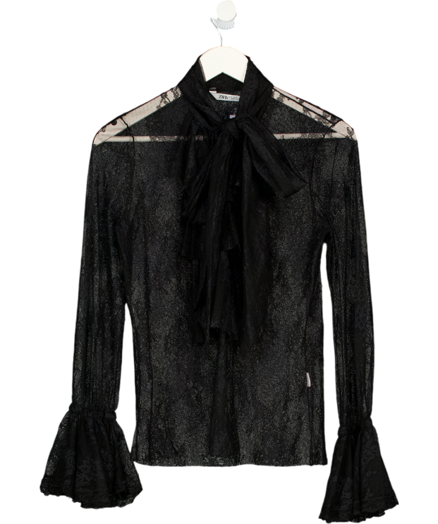 ZARA Black Lace Frill Detail Tie-neck Blouse UK S