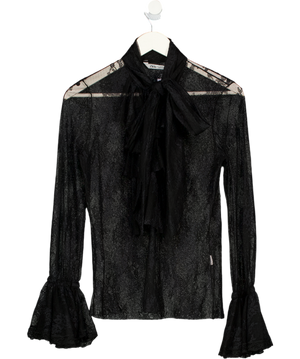 ZARA Black Lace Frill Detail Tie-neck Blouse UK S