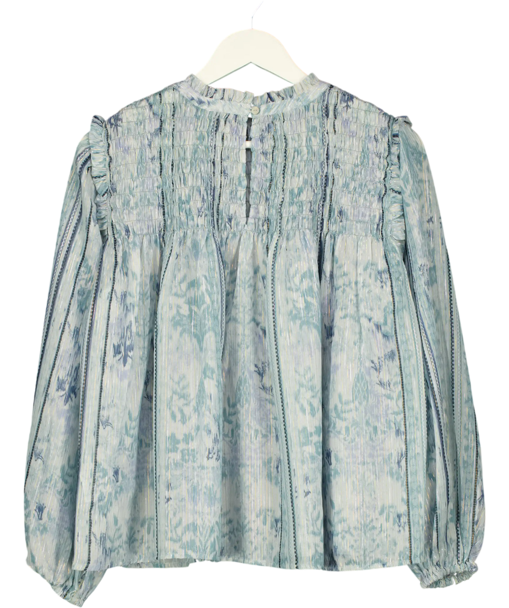 RIVER ISLAND Blue Shirred Detail Long Sleeve  Blouse UK 14