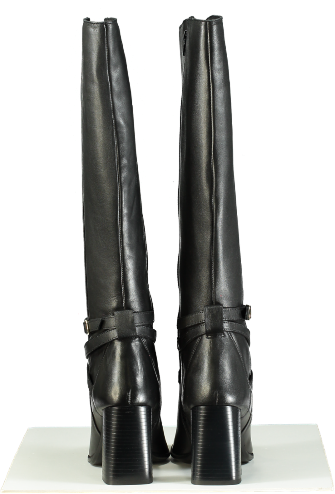 Karen Millen Black Leather Heeled Buckle Detail Knee High Boots UK 7