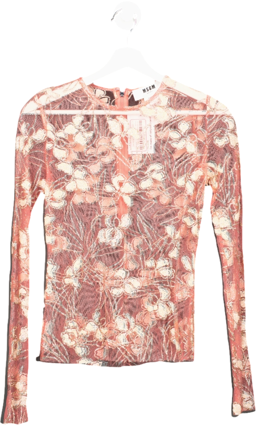 MSGM Pink Sheer Net Top With Glitter Detail Flowers UK XS