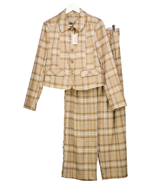 RIVER ISLAND 2-piece Beige Checked Pocket Detail Jacket & Wide Leg Trousers Suit UK 10