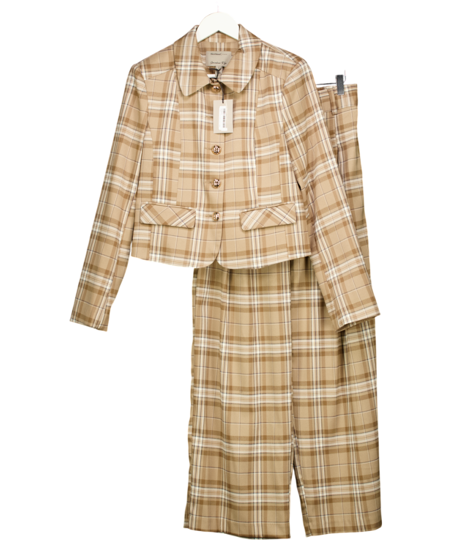 RIVER ISLAND 2-piece Beige Checked Pocket Detail Jacket & Wide Leg Trousers Suit UK 10