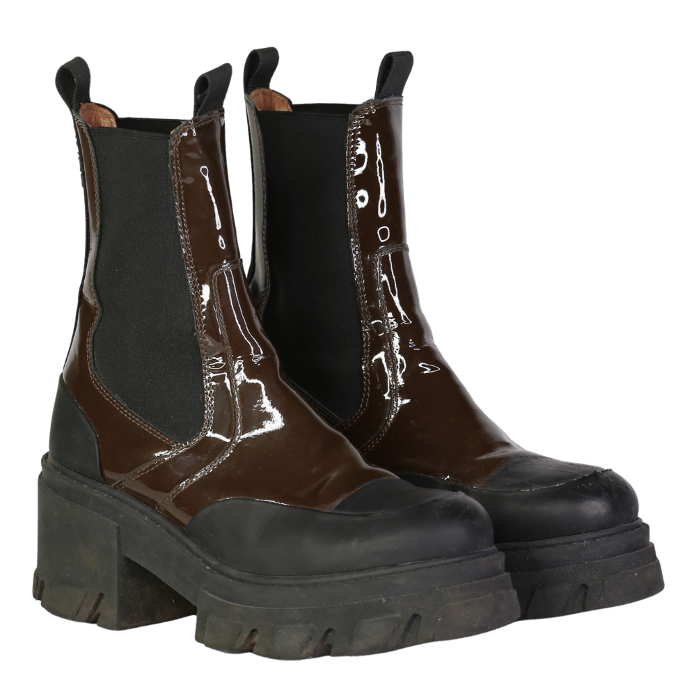 Ganni Brown Patent Chunky Heel Chelsea Boot UK 4 EU 37 👠