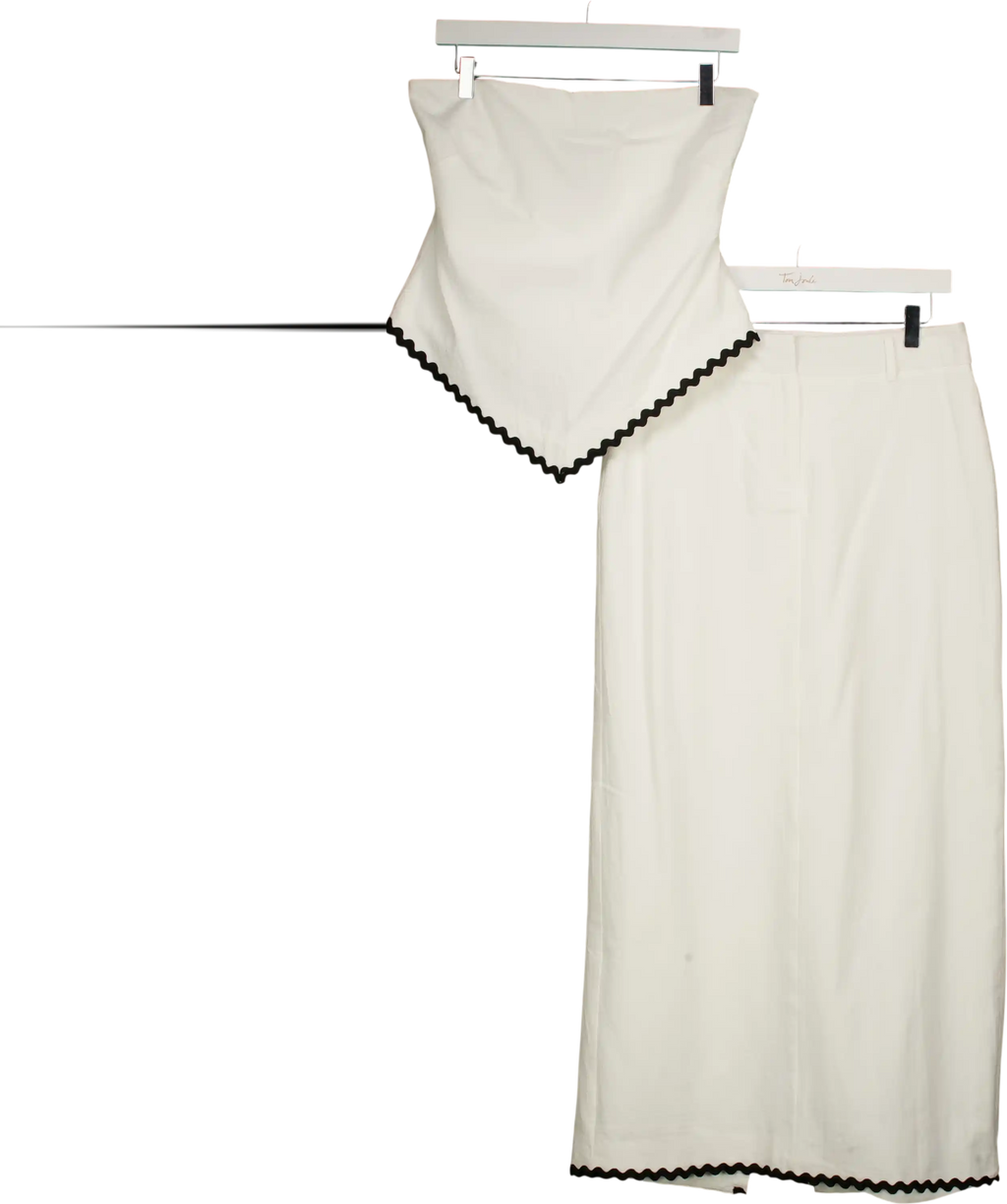 4th & Reckless White Linen Look Bandeau Envelope Hem Contrast Scallop Trim Top (uk 8)  And Maxi Skirt (uk 10) Co-ord Set UK S/M