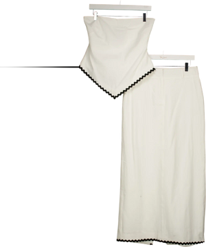 4th & Reckless White Linen Look Bandeau Envelope Hem Contrast Scallop Trim Top (uk 8)  And Maxi Skirt (uk 10) Co-ord Set UK S/M