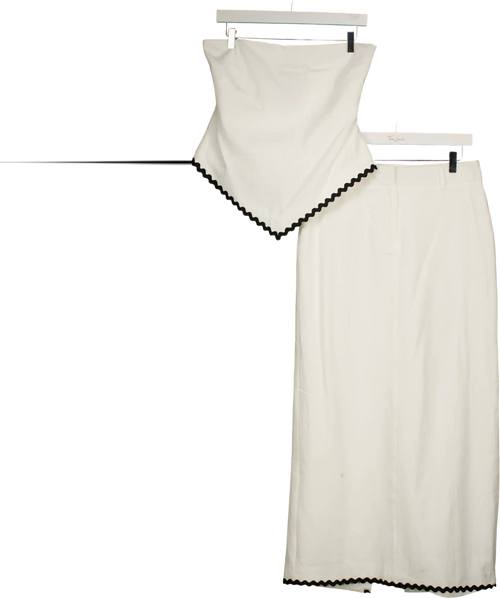 4th & Reckless White Linen Look Bandeau Envelope Hem Contrast Scallop Trim Top (uk 8)  And Maxi Skirt (uk 10) Co-ord Set UK S/M