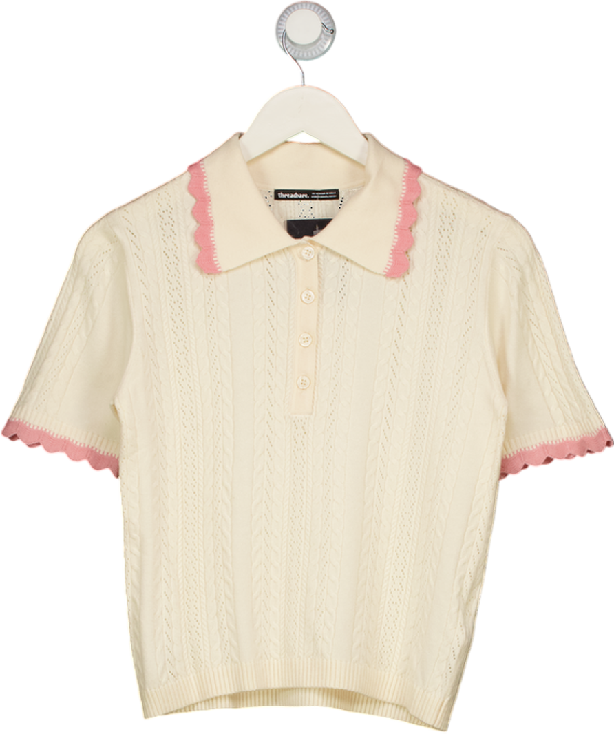 THREADBARE Cream Pointelle Knit Scalloped Polo Collar Top UK 8