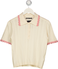 THREADBARE Cream Pointelle Knit Scalloped Polo Collar Top UK 8