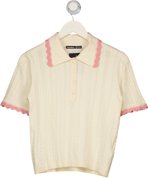 THREADBARE Cream Pointelle Knit Scalloped Polo Collar Top UK 8