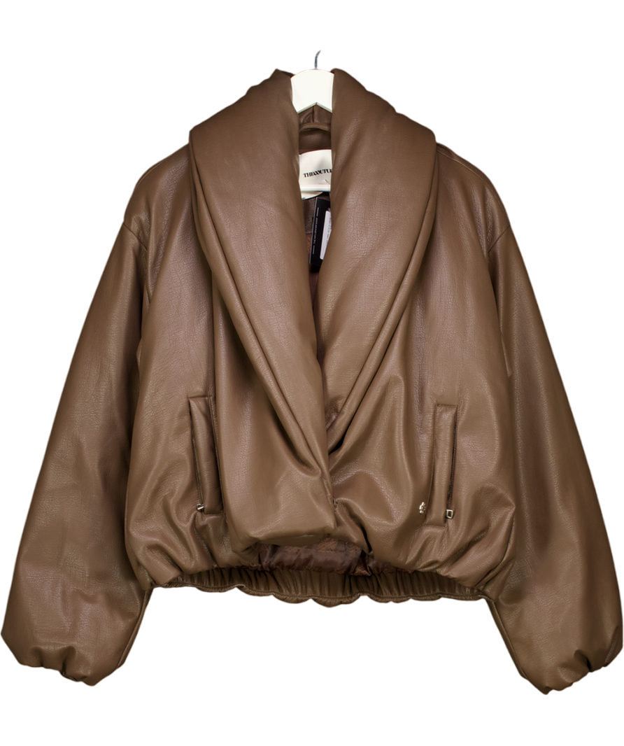 The Couture Club Brown Oversized Collar Faux Leather Puffer Coat UK 8