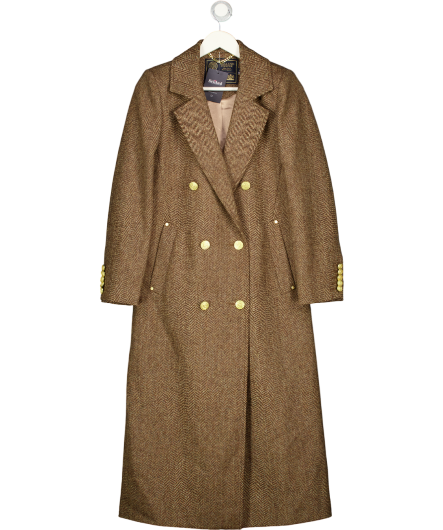HOLLAND COOPER Double Breasted Long Coat - Brown Herringbone UK 6