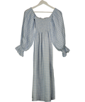 SLEEPER Atlanta Baby Blue & White Gingham Smocked Linen Midi Dress UK XS