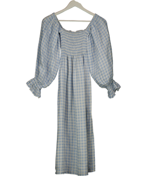 SLEEPER Atlanta Baby Blue & White Gingham Smocked Linen Midi Dress UK XS