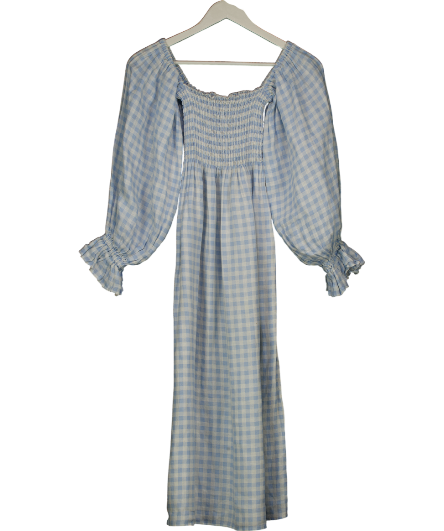 SLEEPER Atlanta Baby Blue & White Gingham Smocked Linen Midi Dress UK XS